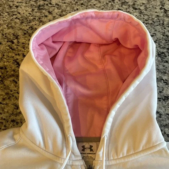 Under Armor Adults White Pink XL Full Zip Hoodie Longsleeves Solid Logo Jacket‎ - Picture 6 of 10